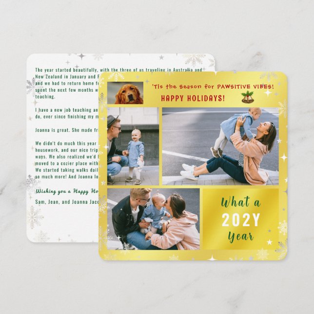 Funny Dog Cat 4 Photos Happy Holidays Cute Golden Holiday Card (Front/Back)