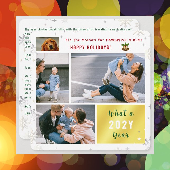 Funny Dog Cat 4 Photos Happy Holidays Pawsitive  Holiday Card (Elegant Golden Cute Funny Pawsitive Vibes Pet Dog Happy Holidays 4 Photos What a Year Snowflakes )
