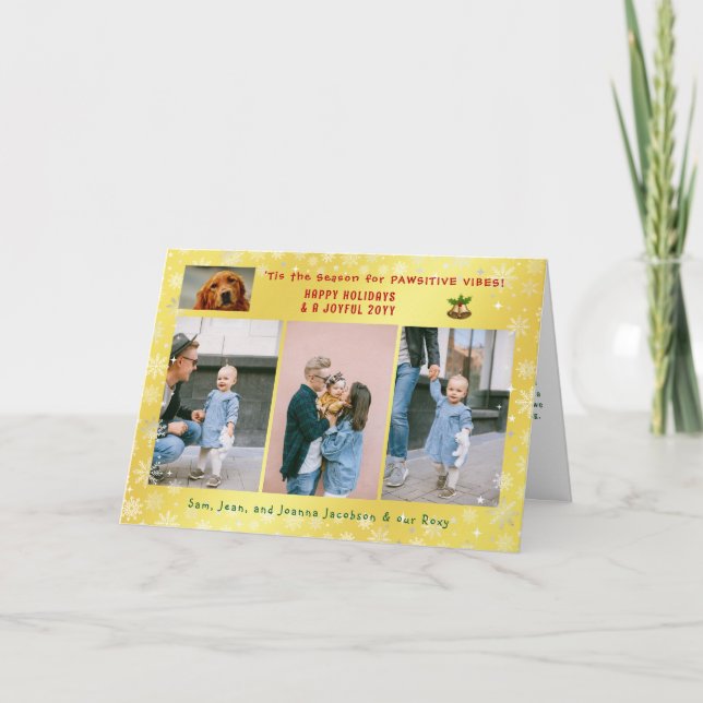 Funny Dog Cat 4 Photos Minimalist Elegant Golden Holiday Card (Front)