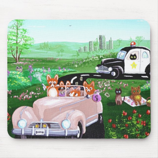 Funny Dog Cat Art Corgi Cop Police Car Creationart Mouse Mat (Front)