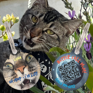 Funny Dog Cat Humour Personalised Details & QR Cod Pet Tag