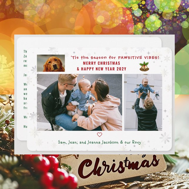 Funny Dog Cat Pawsitive 3 Photos Minimalist Modern Holiday Card (Cute Funny Pet Dog Pawsitive Vibes Merry Christmas Happy New Year 'Tis the Season 3 Photos Letter)