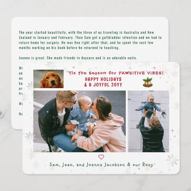 Funny Dog Cat Pawsitive Minimalist Modern 4 Photos Holiday Card (Front/Back)