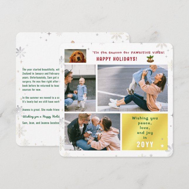 Funny Dog Cat Peace Love Joy 4 Photos Cute Modern Holiday Card (Front/Back)