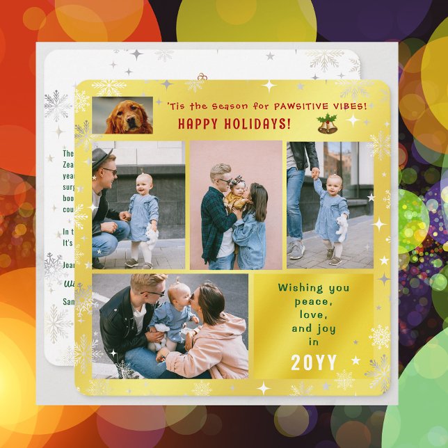Funny Dog Cat Peace Love Joy 5 Photos Cute Golden Holiday Card (Elegant Golden Cute Funny Pawsitive Vibes Pet Dog Happy Holidays 4 Photos Peace Love Joy Snowflakes )