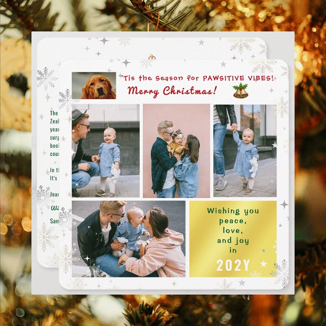 Funny Dog Cat Peace Love Joy 5 Photos Cute Modern Holiday Card (Elegant Cute Funny Pawsitive Vibes Pet Dog Christmas Card 5 Photos Peace Love Joy Snowflakes Letter)