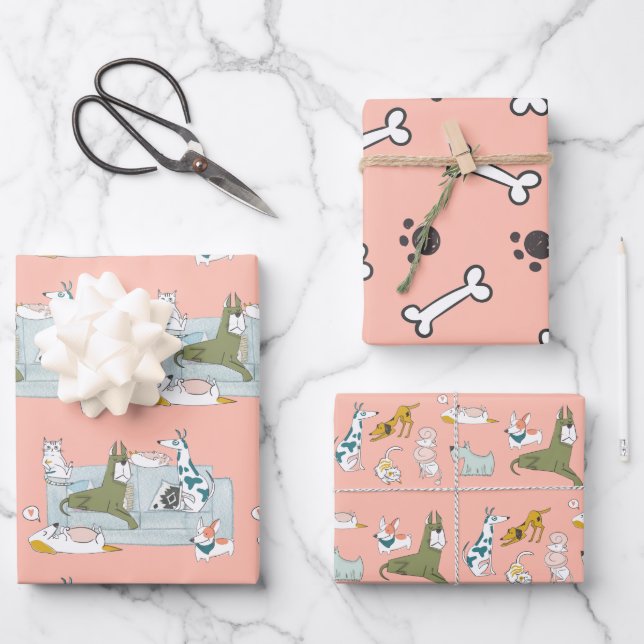 Funny Dog & Cat Pets Cartoon Wrapping Paper Sheet (Front)