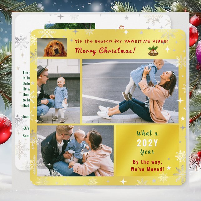 Funny Dog Cat We've Moved New Home 5 Photos Golden Holiday Card (Funny dog Christmas card. Pawsitive humor. 5 Photos. We've moved letter. Elegant, golden. Snowflakes)