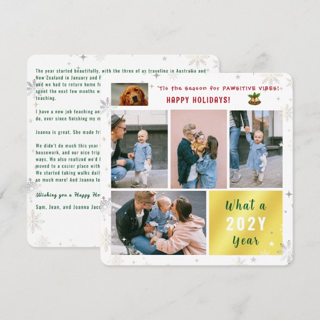 Funny Dog Cat What a Year Happy Holidays 5 Photos Holiday Card (Front/Back)