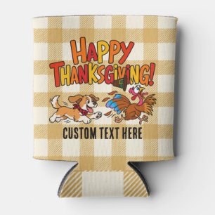 Funny Dog Chasing Turkey Plaid Happy Thanksgiving Can Cooler