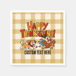 Funny Dog Chasing Turkey Plaid Happy Thanksgiving Napkin