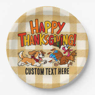 Funny Dog Chasing Turkey Plaid Happy Thanksgiving Paper Plate