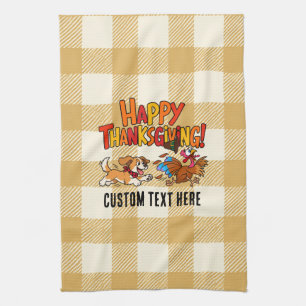Funny Dog Chasing Turkey Plaid Happy Thanksgiving Tea Towel