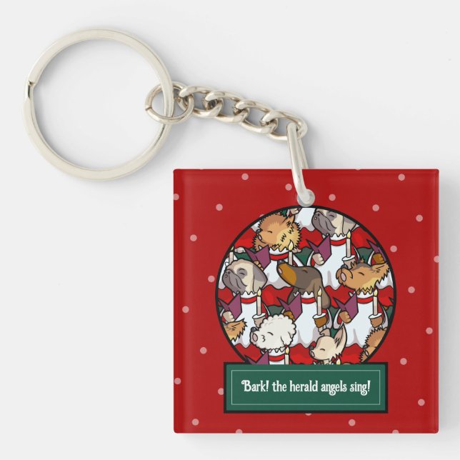Funny Dog Choir Christmas Carol Pug Pun Cartoon Key Ring (Front)