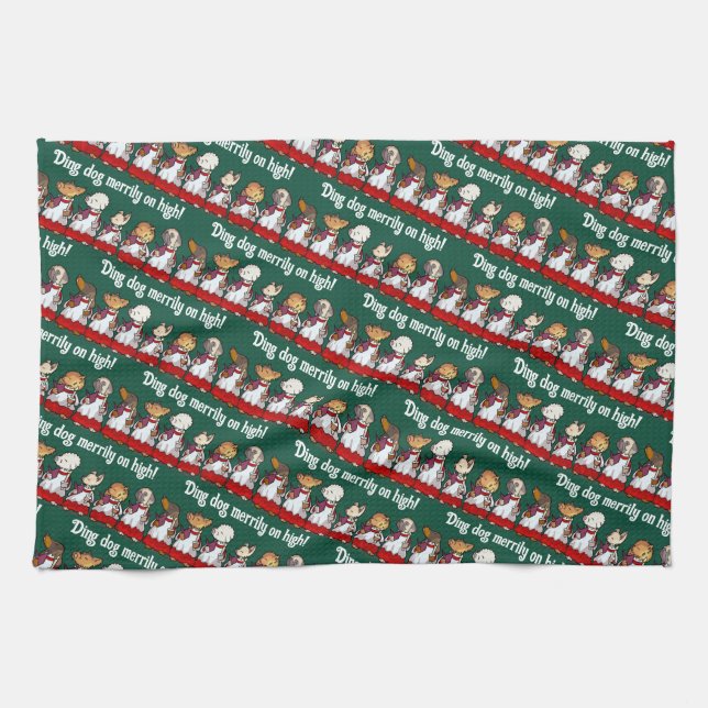 Funny Dog Choir Ding Dog Xmas Carol Pun Cartoon Tea Towel (Horizontal)