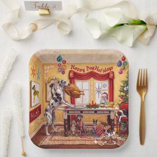 Funny Dog Christmas Turkey Thief Holiday Party Paper Plate