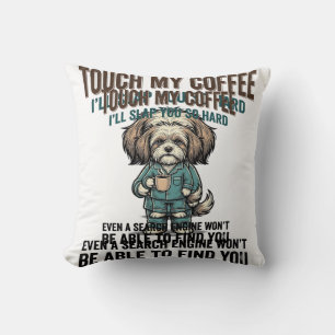 Funny Dog Coffee Warning Vintage Engraving Design_ Cushion