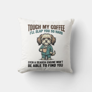 Funny Dog Coffee Warning Vintage Engraving Design_ Cushion