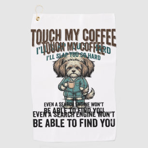 Funny Dog Coffee Warning Vintage Engraving Design_ Golf Towel