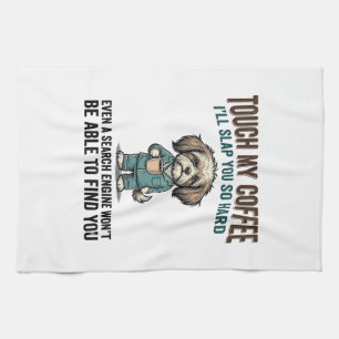Funny Dog Coffee Warning Vintage Engraving Design_ Tea Towel
