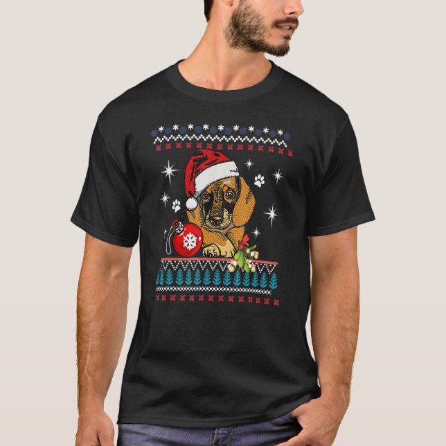 Funny Dog  Dachshund Santa Hat Ugly Christmas Swea T-Shirt (Front)