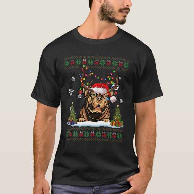 Funny Dog Dogue De Bordeaux Santa Hat Ugly Christm T-Shirt (Front)