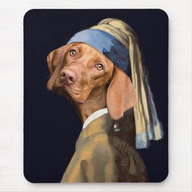 Funny Dog Girl with a Pearl Earring Vermeer Parody Mouse Mat (Front)
