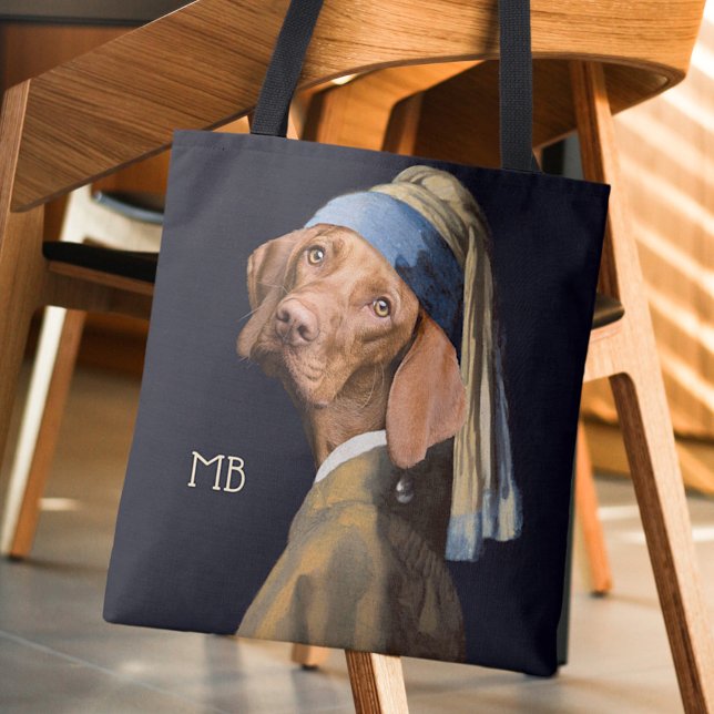 Funny Dog Girl with a Pearl Earring Vermeer Parody Tote Bag (Creator Uploaded)