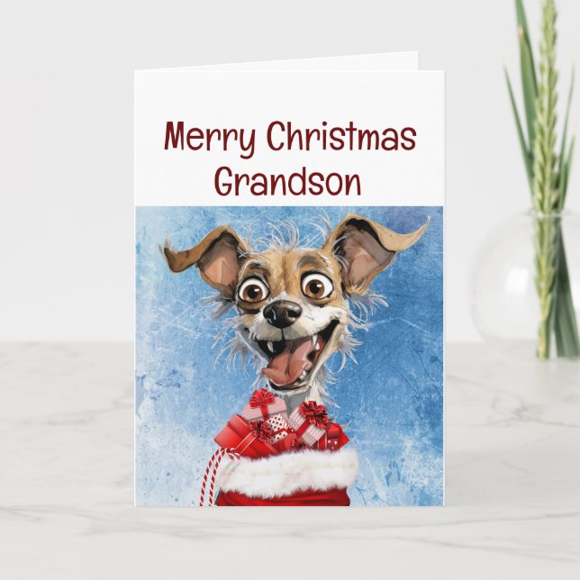 Funny Dog Grandson Kids Christmas Card (Front)