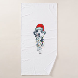 Funny Dog Great Dane Christmas Santa Hat Xmas Ligh Bath Towel