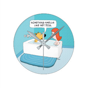 Funny Dog In Tub Notices Wet Dog Smell Round Clock