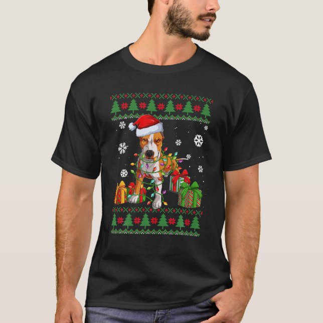 Funny Dog Love Cute Pitbull Santa Hat Ugly T-Shirt (Front)