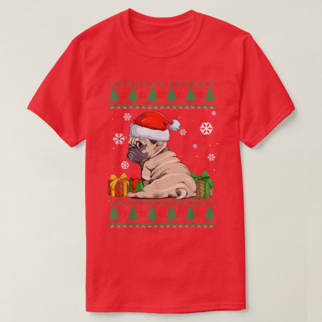 Funny Dog lover Cute Pug Santa hat Ugly Christmas  T-Shirt (Design Front)