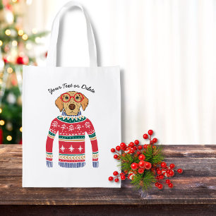 Funny Dog Lover Dog Wearing Ugly Christmas Sweater Reusable Grocery Bag