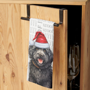 Funny Dog Lover Holiday Black Barbet Christmas Tea Towel