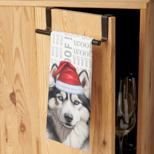 Funny Dog Lover Holiday Siberian Husky Christmas Tea Towel