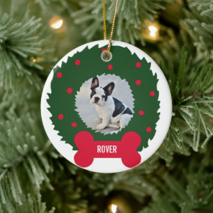 Funny Dog Lover's Christmas Wreath With Dog Photo Ceramic Tree Decoration