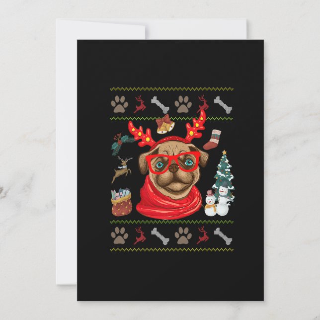 Funny Dog lovers Cute Pug Reindeer Antlers Ugly Ch Holiday Card (Front)