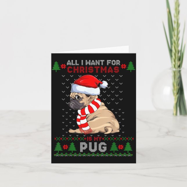 Funny Dog Lovers Cute Pug Santa Hat Ugly Christmas Card (Front)