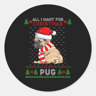 Funny Dog Lovers Cute Pug Santa Hat Ugly Christmas Classic Round Sticker