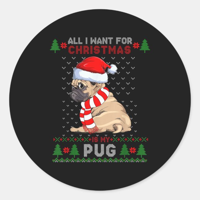 Funny Dog Lovers Cute Pug Santa Hat Ugly Christmas Classic Round Sticker (Front)