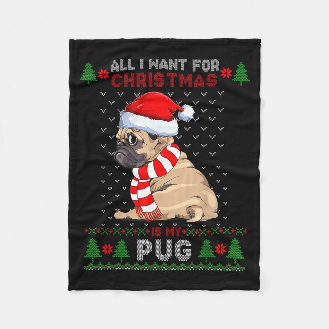 Funny Dog Lovers Cute Pug Santa Hat Ugly Christmas Fleece Blanket (Front)