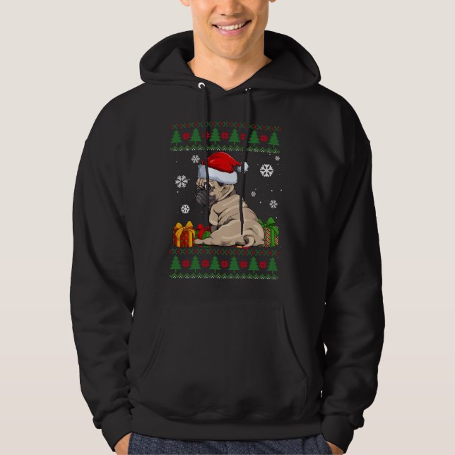 Funny Dog lovers Cute Pug Santa Hat Ugly Christmas Hoodie (Front)