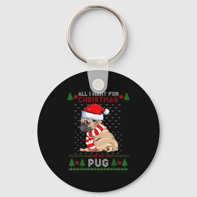 Funny Dog Lovers Cute Pug Santa Hat Ugly Christmas Key Ring (Front)