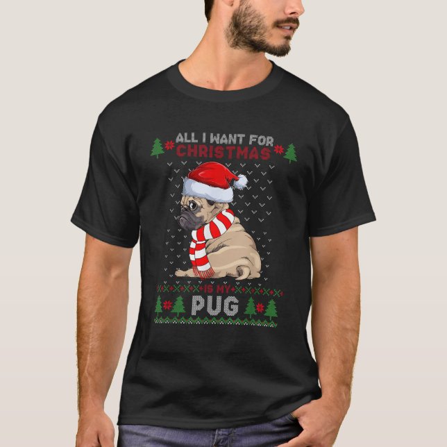 Funny Dog lovers Cute Pug Santa Hat Ugly Christmas T-Shirt (Front)