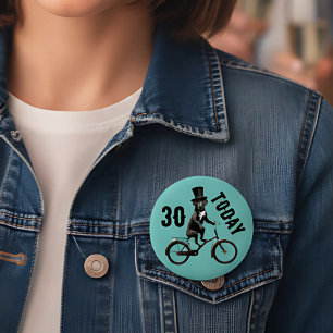 Funny Dog on Bicycle 30th Birthday top hat 6 Cm Round Badge