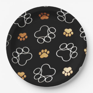Funny Dog PawPrints On Black, Paper Plates