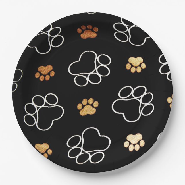 Funny Dog PawPrints On Black, Paper Plates (Front)