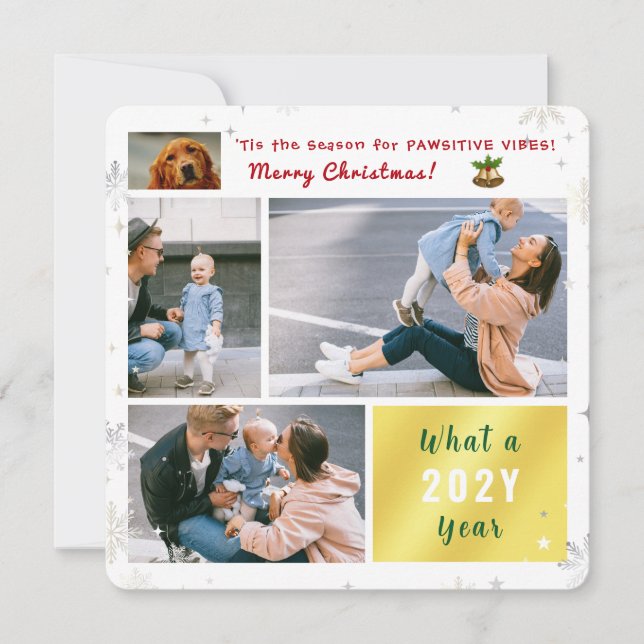 Funny Dog Pawsitive 4 Photos Letter Cute Modern Holiday Card (Front)