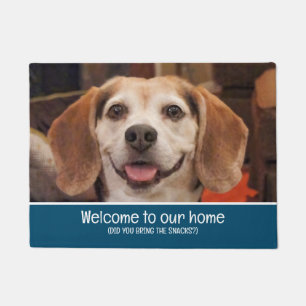 Funny Dog Photo Welcome Did You Bring Snacks Blue Doormat